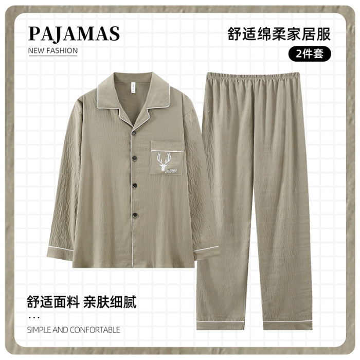 2025 otoño de algodón de punto cardigan con solapa mangas largas pantalones largos pijamas para hombres ropa casera casual simple de mediana edad al por mayor