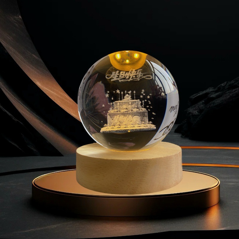 Lámpara de Noche de Cristal con Diseño de Cielo Estrellado 3D, Regalo Navideño, Base Redonda de Madera Luminosa, Lámpara de Mesa, Adorno, Regalo de Navidad