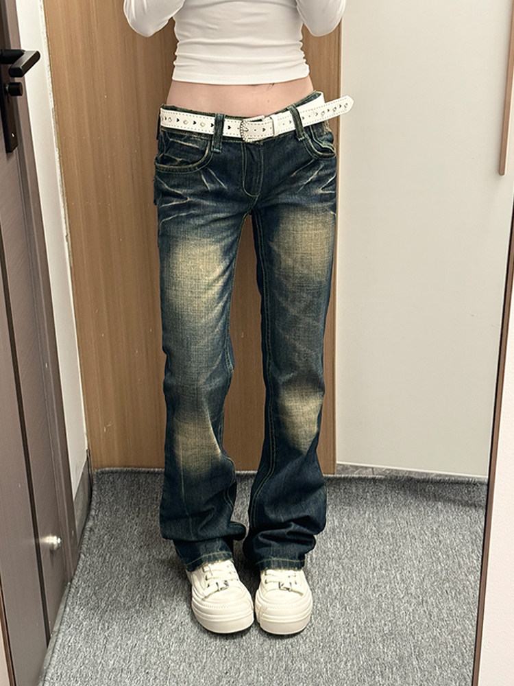 Y2k Vintage Low-Rise Distressed Jeans For Women - Baggy Straight Leg Denim Pants With Heavy Embroidery, Grunge Aesthetic_ecoleips.com