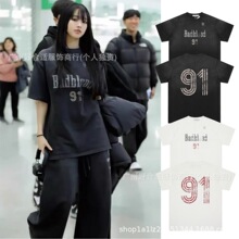 韩国Badblood美式高街洗水做旧91字母印花圆领短袖T恤 黑色整件成