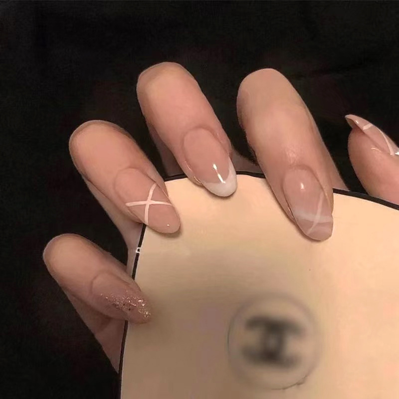Wearing Nail Pieces Sweet Nail Pieces Solid Color Cross Strap False Nail Elegant French Detachable Nail Pieces 24 Pieces