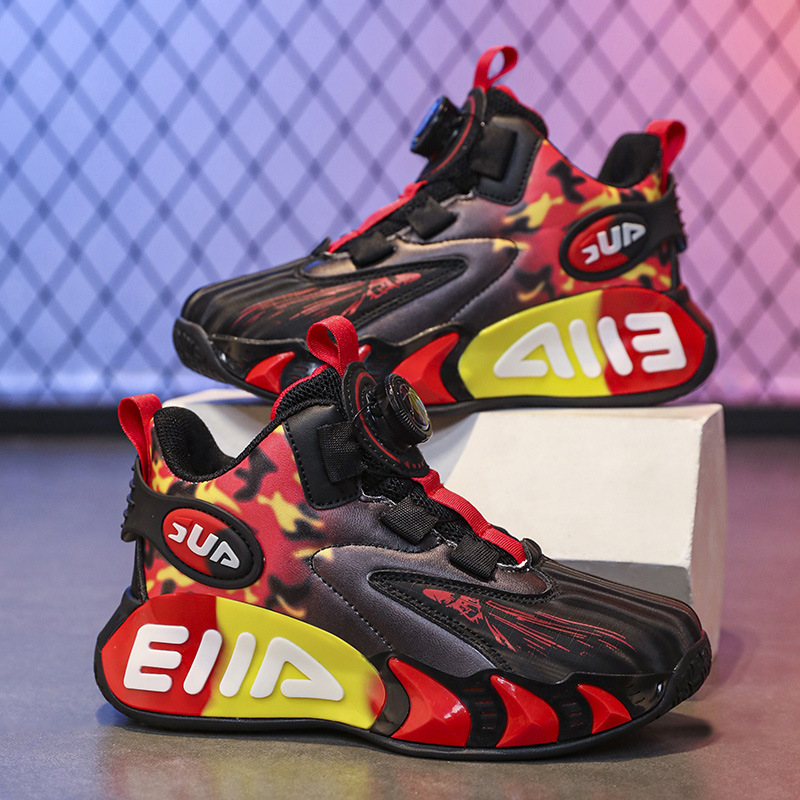 Zapatos de baloncesto para niños primavera y otoño nuevo botón de malla blanca zapatos deportivos fricción sonido zapatos de carrera