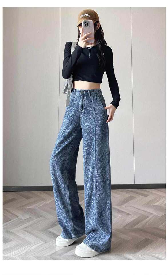 Quần jean ống rộng nữ in họa tiết, lưng cao, form suông dài — màu nâu, màu xanh chi tiết 17