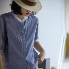 夏季新款 棉条纹衬衫女圆领休闲宽松显瘦薄款短袖衬衣8098