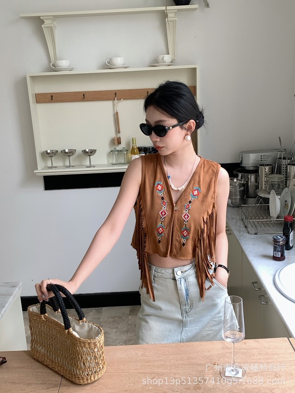エスニック風ベスト、刺繍レイヤード、ベスト、アーティスティックショートジャケット、タッセルベスト、レトロ|undefined