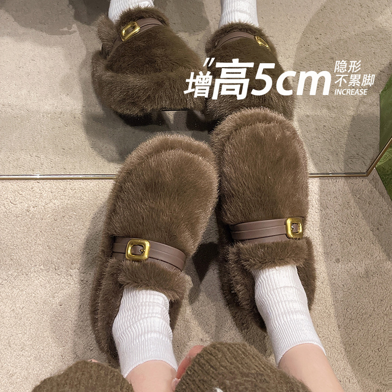 厚底白色毛毛鞋女外穿2025新款秋冬一脚蹬高级感水貂毛绒豆豆棉鞋|undefined