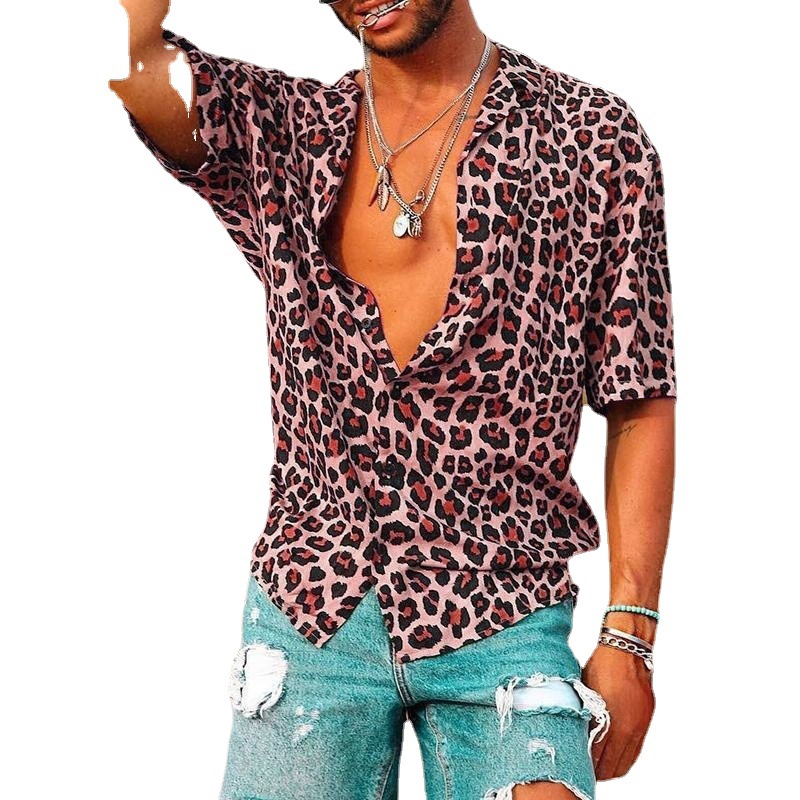 Camisa de manga corta con estampado de leopardo de moda para hombres de estilo europeo y americano 2023 Verano nueva camisa casual Top moda de comercio exterior transfronterizo