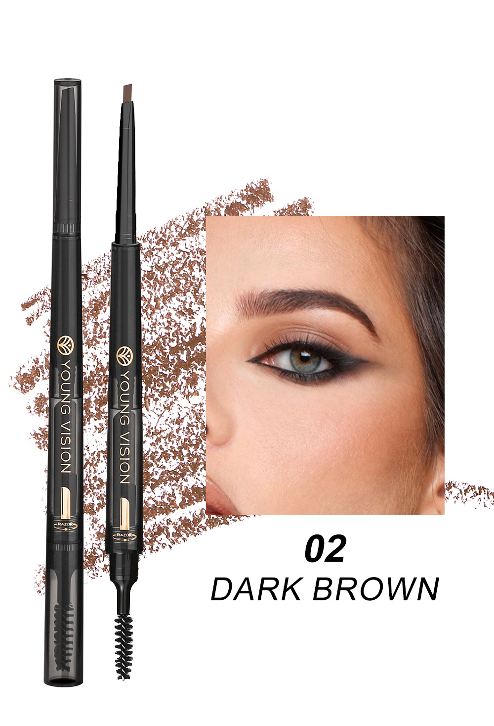 YOUNG VISION's foggy three-in-one eyebrow pencil is not prone to smudging. It features a fine and soft brush and eyebrow blade undefined