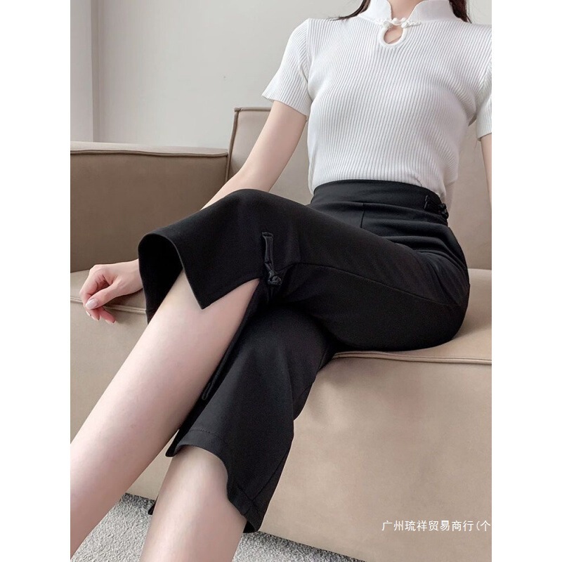 National Style Micro-Flared Pants for Women, Summer Thin Slim-Fit Plus-Size Cropped Casual Straight-Leg Suit Pants, Sports Wide-Leg Pants