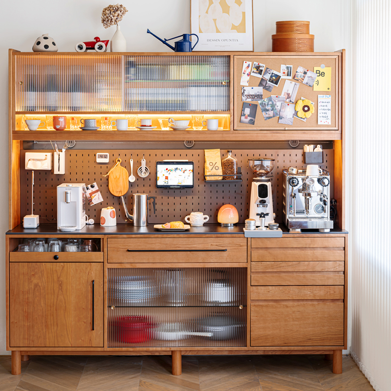 松鼠餐边纯实木岩板樱桃木中古风西厨一体靠墙高柜餐厅环保家具