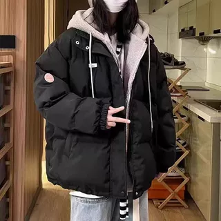 2025假两件时尚棉服新款冬季连帽宽松加厚学生棉袄韩版棉衣外套女