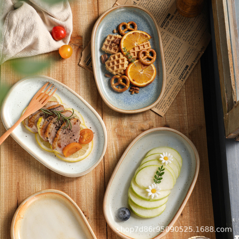 Vintage Distressed Ceramic Cake Plate, High Aesthetic Value, Japanese-Style Rustic Pottery, Oval Afternoon Tea Dessert Plate, Fruit Plate Vintage Distressed Ceramic Cake Plate, High Aesthetic Value, Japanese-Style Rustic Pottery, Oval Afternoon Tea Dessert Plate, Fruit Plate