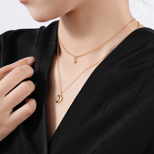 Yuanfan s925 sterling silver double layer moon necklace women's niche eight-pointed star zircon clavicle chain autumn and winter sweater chain