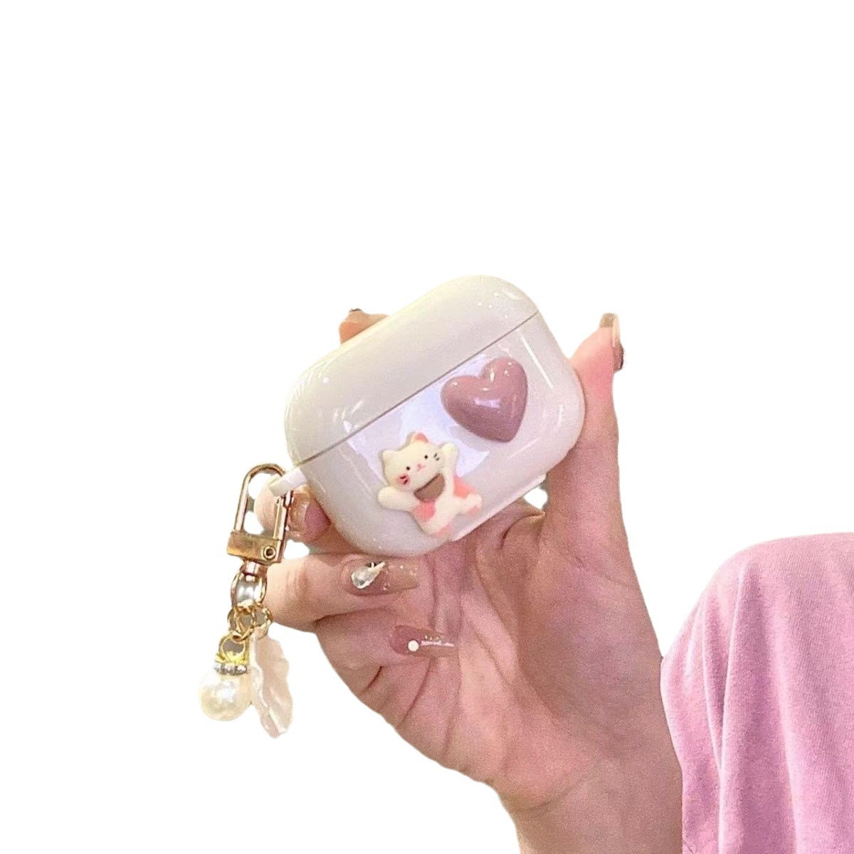 Funda protectora para auriculares Apple Airpods 4 con diseño de oso en forma de corazón, color blanco roto, adecuada para auriculares pro3