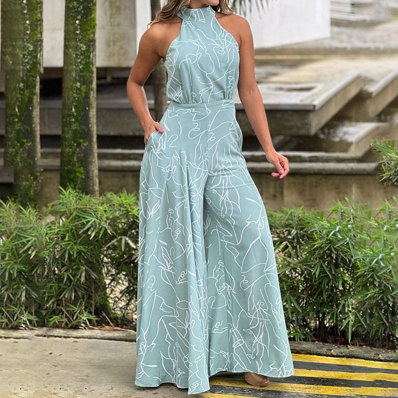 2025 primavera Amazon ropa de mujer europea y americana elegante cintura alta sin mangas cuello redondo sexy pantalones anchos monos europeos y americanos mujeres image 13