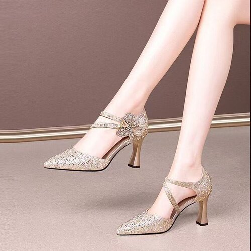 Comfortable Soft Gold Color Evening High Heels Advanced Gold Sandals Women Thick Heel 2025 Match Dressy Women's Shoes
