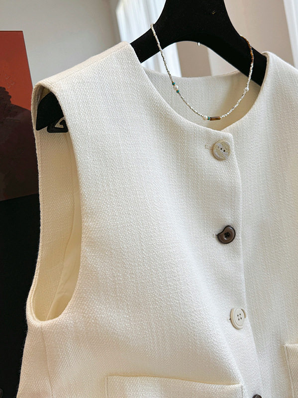 Áo vest nữ không tay dáng gile cổ tròn phối lớp phong cách Pháp — đen, Màu trắng nhạt chi tiết 8