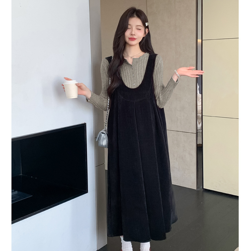 孕妇装秋装2025新款时尚法式坑条开扣打底衫背心裙中长款孕妈穿搭|undefined