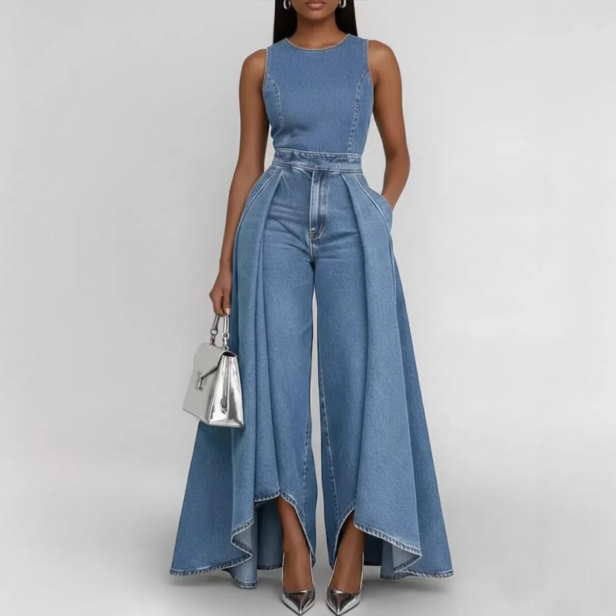 Ropa de mujer Mono vaquero informal sin mangas con cuello redondo y pernera ancha para mujer, ideal para ocasiones formales e informales._voghion.com
