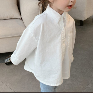 Men's and women's children's clothing spring and autumn new white letter Korean long sleeve cotton shirt baby western style solid color all-match shirt