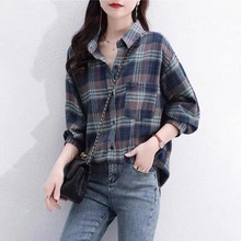 跨境欧货2025春秋装新款格子女士衬衫洋气时尚复古宽松长袖衬衣女