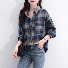 跨境欧货2025春秋装新款格子女士衬衫洋气时尚复古宽松长袖衬衣女