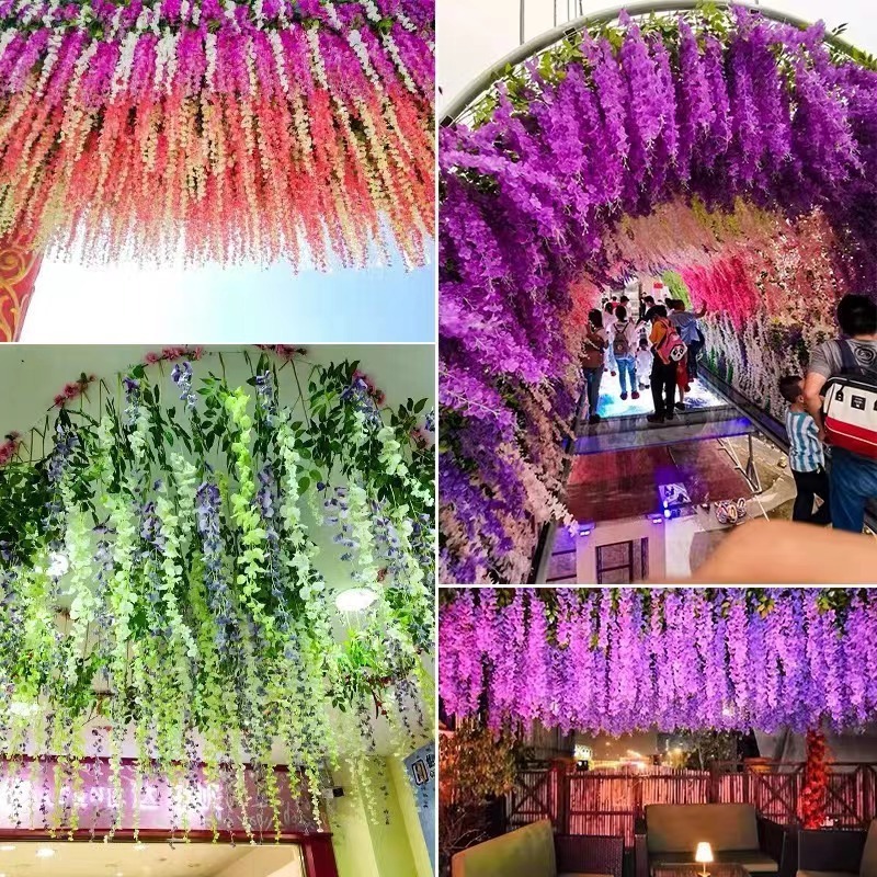模擬藤の花ショッピングモールパーティー花結婚式の天井造園豆の花の壁家の装飾花びら造花ストリング|undefined