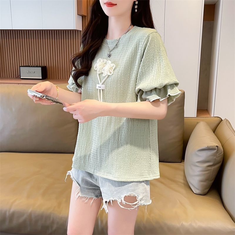 Sensación de diseño de nicho camiseta de manga corta con manga de hoja de loto para mujer verano versión coreana suelta de gran tamaño para mujer color de contraste pequeño top image 8