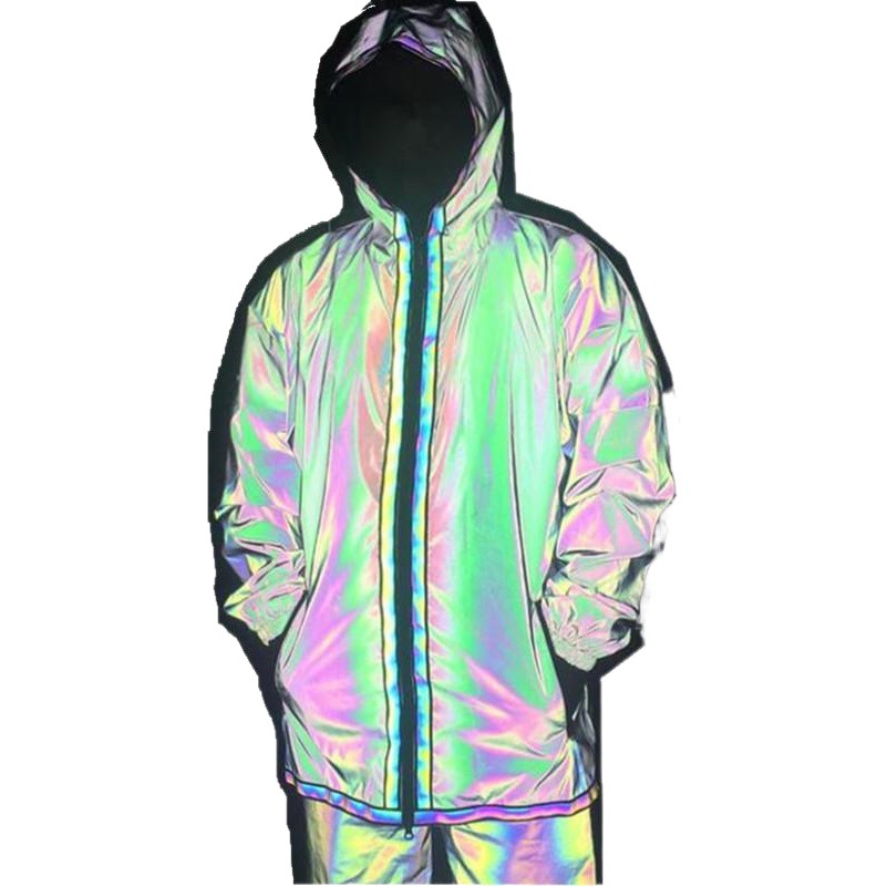 Amazon transfronteriza Moda media-longitud colorida gabardina reflectante frente corto espalda larga cremallera chaqueta colorida capa reflectante
