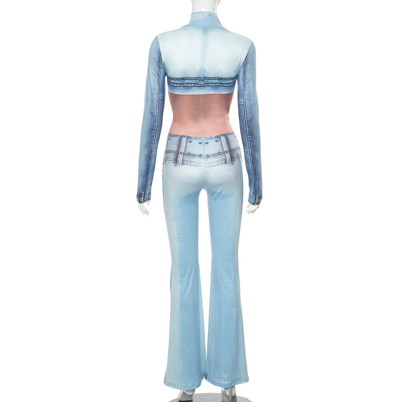 Women Clothing Autumn Winter Imitation Denim Body Print Long Sleeve Turtleneck Horn One Piece Trousers