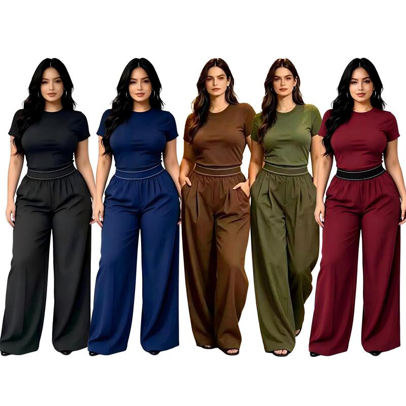 Fashionable casual suit, round-neck short-sleeve top, high-waisted wide-leg pants, slimming two-piece set Q6343 Fashionable casual suit, round-neck short-sleeve top, high-waisted wide-leg pants, slimming two-piece set Q6343