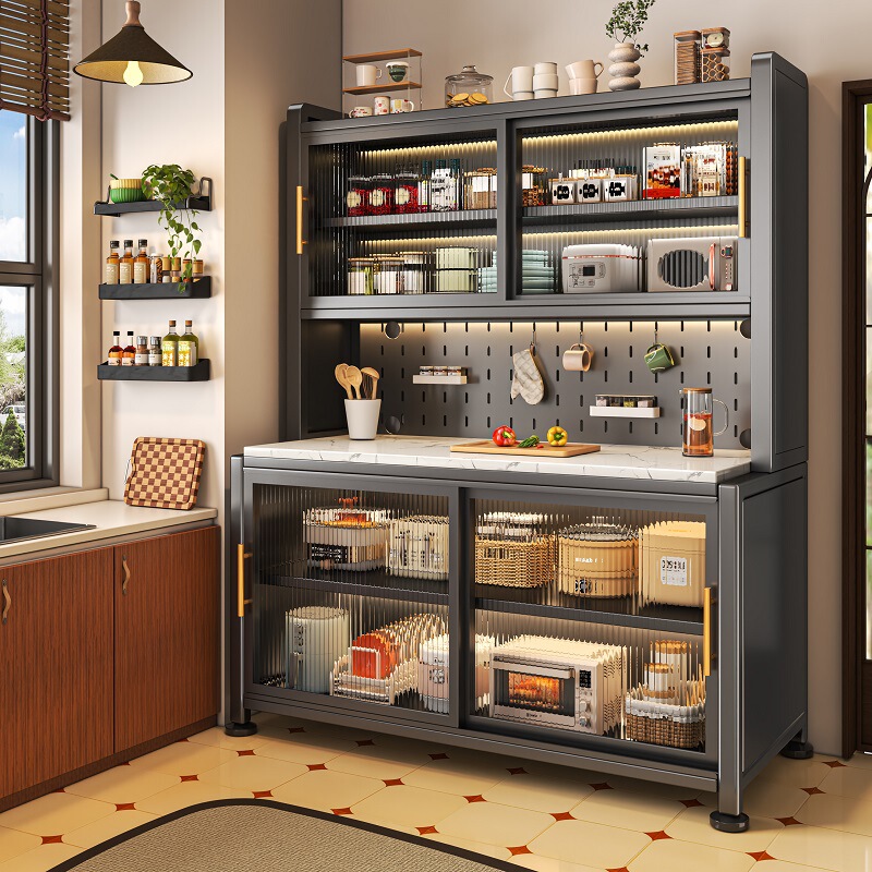 Household Kitchen Storage Rack Sliding Door Storage Cabinet Floor-Standing Multi-Functional Carbon Steel Sideboard Multi-Layer Storage Cabinet Household Kitchen Storage Rack Sliding Door Storage Cabinet Floor-Standing Multi-Functional Carbon Steel Sideboard Multi-Layer Storage Cabinet