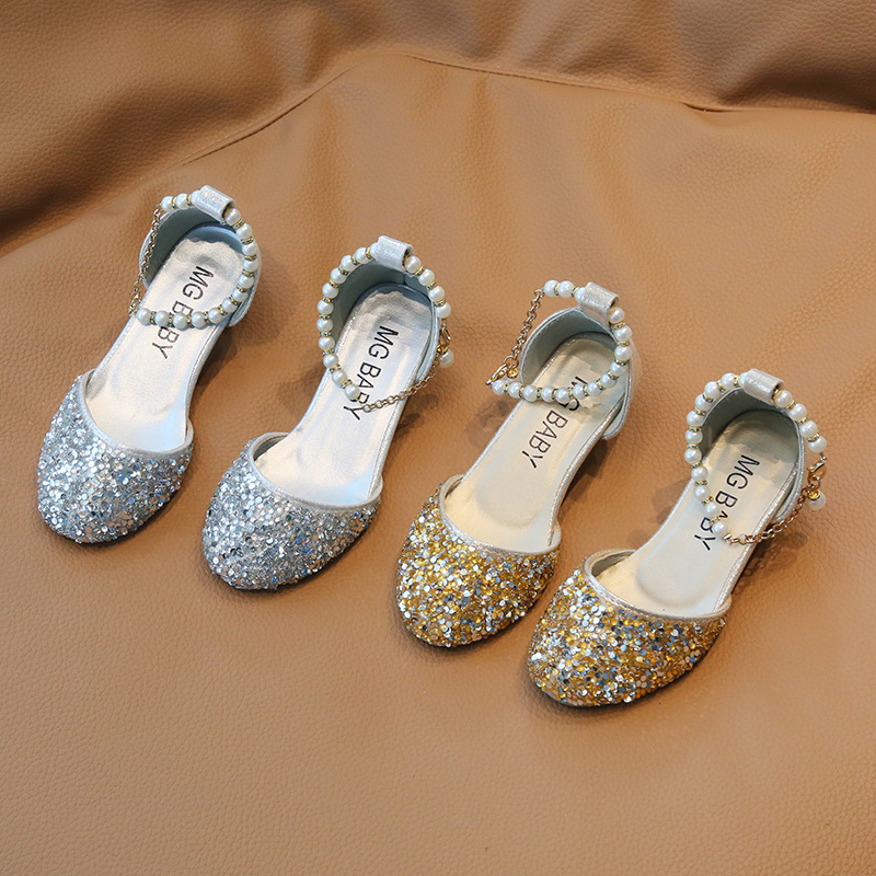 Girls Princess Shoes Korean Style Children's Crystal Shoes 2023 New High Heel Single Shoes Big Children's Baotou Dance Sandals Trendy