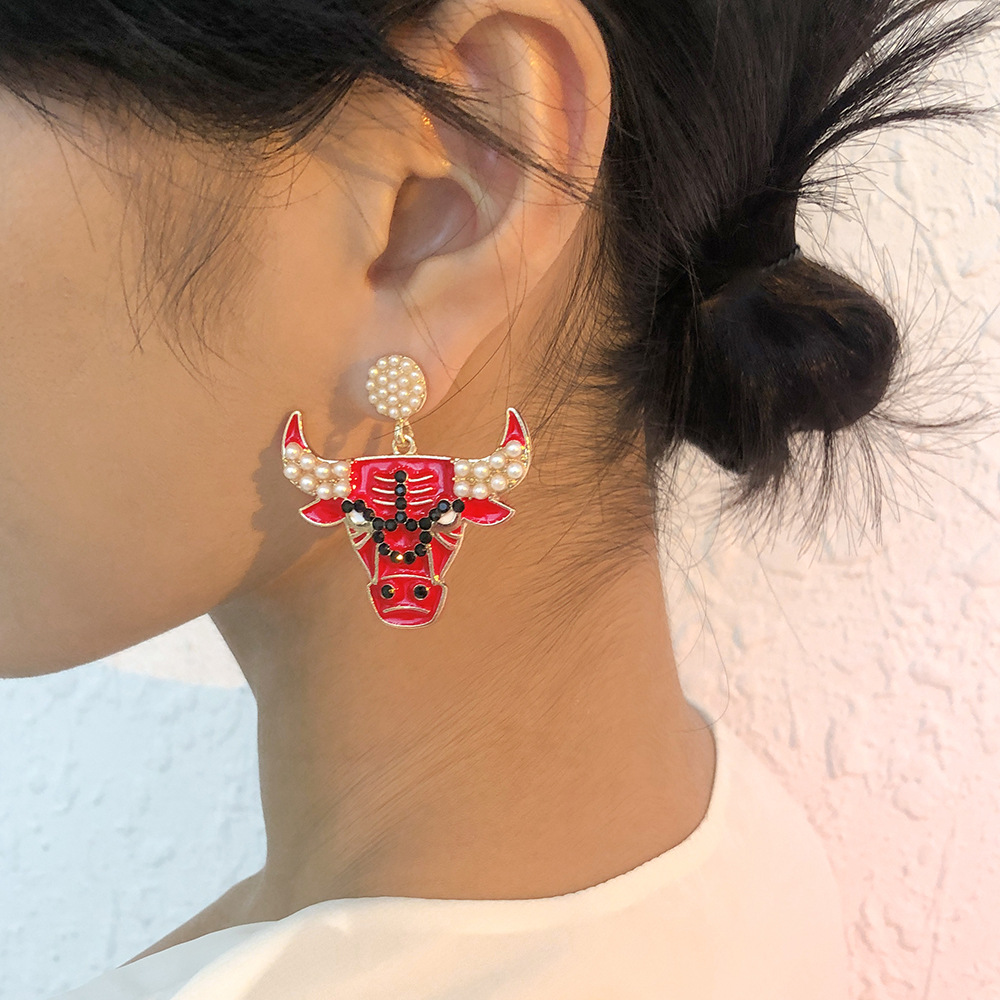 Fashion Red Cartoon Dripping Oil Bull Head Pearl Stud Earrings