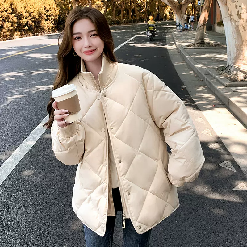 实拍新款菱形格女宽松夹克假两件棉服