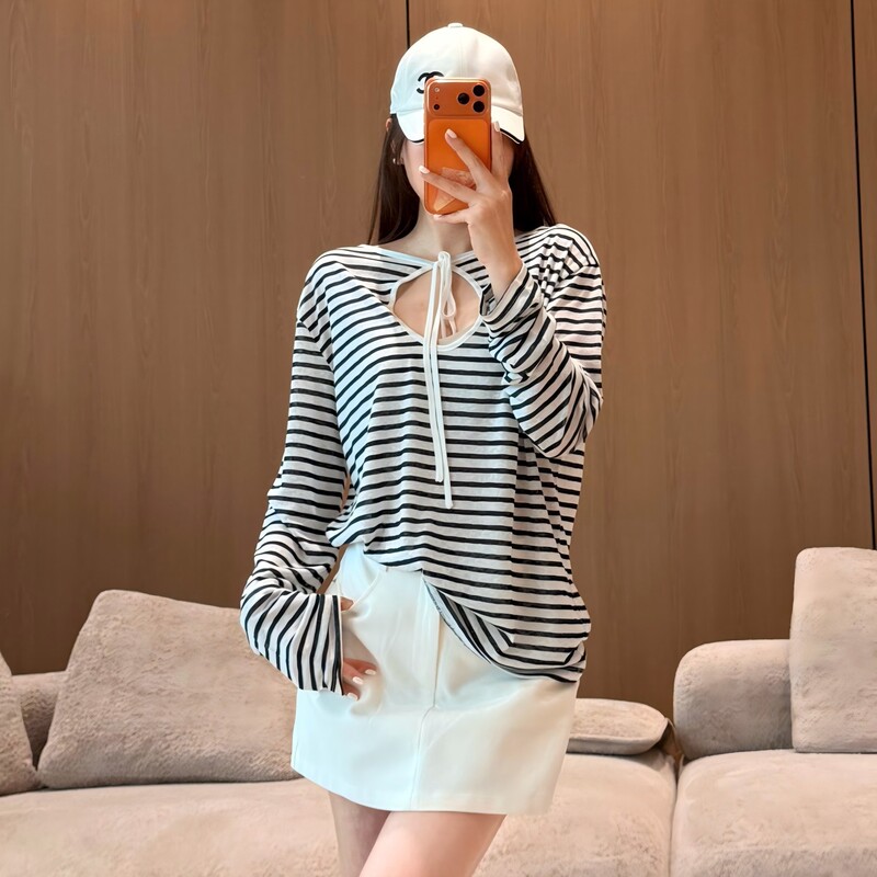 Striped Casual Reversible Top for Women, Summer Thin Semi-Transparent Air Conditioning Cover-Up, Long-Sleeve Loose T-Shirt Striped Casual Reversible Top for Women, Summer Thin Semi-Transparent Air Conditioning Cover-Up, Long-Sleeve Loose T-Shirt