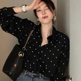 韩国chic复古赫本风翻领撞色波点设计宽松休闲百搭长袖衬衫女