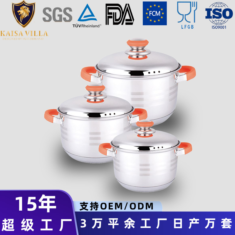 Juego de utensilios de cocina de acero inoxidable 201 de grado alimenticio, olla para guisos con doble asa, olla para sopa, juego de tres piezas, fondo compuesto de 9 capas, mango de goma