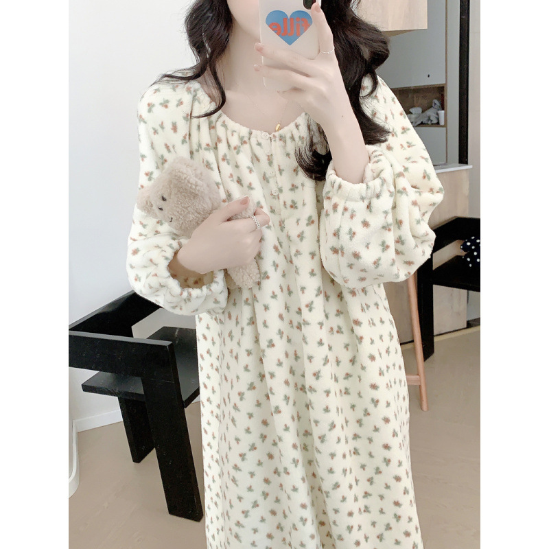 跨境专供外贸女士韩系家居服睡衣小清新碎花加厚毛绒宽松长袖睡裙