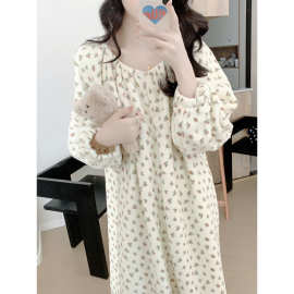 跨境专供外贸女士韩系家居服睡衣小清新碎花加厚毛绒宽松长袖睡裙