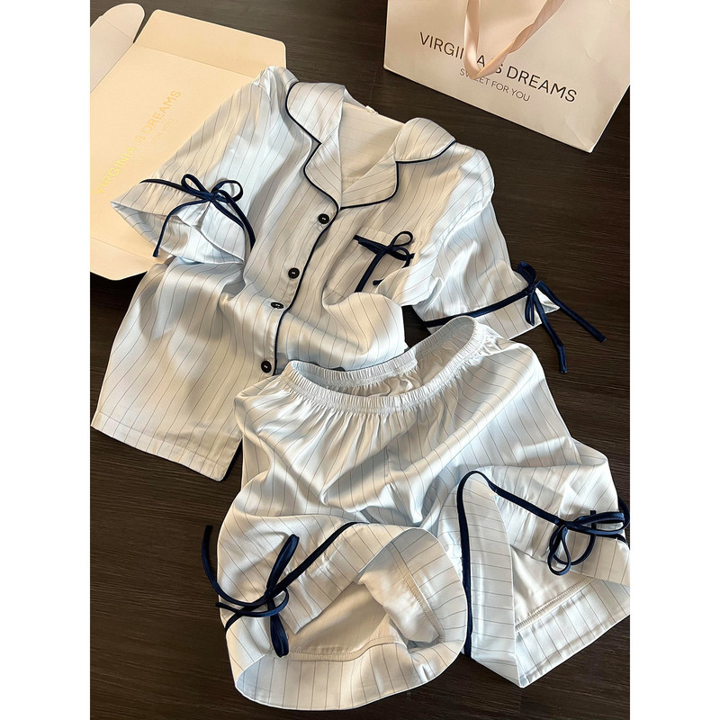 French-Style High-End Ice Silk Pajamas for Women, New Summer Model, Short-Sleeved Shorts Home Wear Set, Suitable for Going Out, 2026 French-Style High-End Ice Silk Pajamas for Women, New Summer Model, Short-Sleeved Shorts Home Wear Set, Suitable for Going Out, 2026