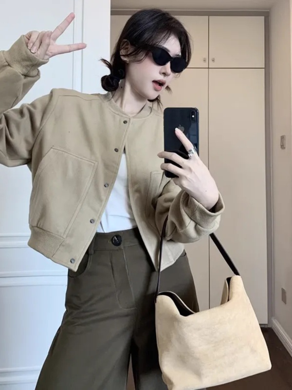 卡其色毛呢棒球服短外套女秋季2025新款小个子短款高级感气质夹克|undefined