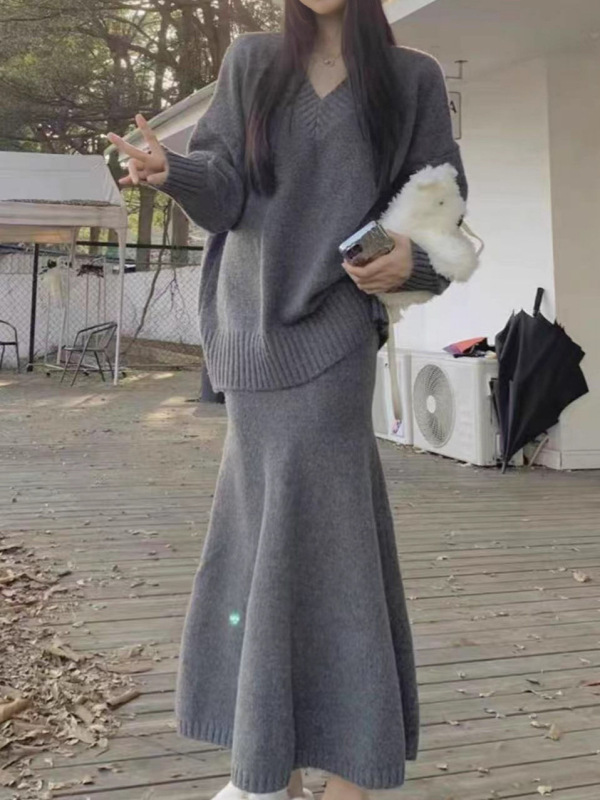 复古软糯v领毛衣套装女秋冬新款鱼尾包臀半身裙针织两件套女跨境|undefined
