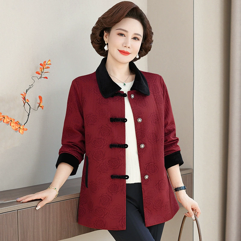 Мама весеннее пальто 2025 новый стиль иностранная мода среднего и пожилого возраста женский весенний и осенний кардиган отворот одежды свободная одежда