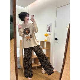 春秋长袖家居服女圆领条纹腊肠狗印花豹纹休闲裤睡衣两件套套装