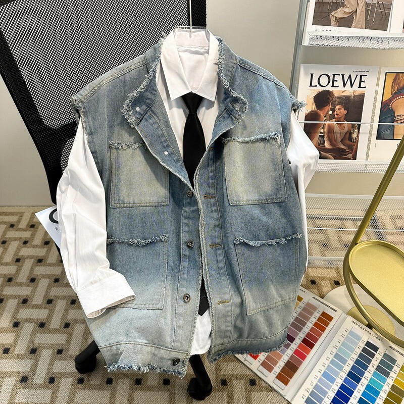 American-Style Ripped Denim Vest for Men and Women, Summer Sleeveless Waistcoat, Trendy Lapel Work Jacket