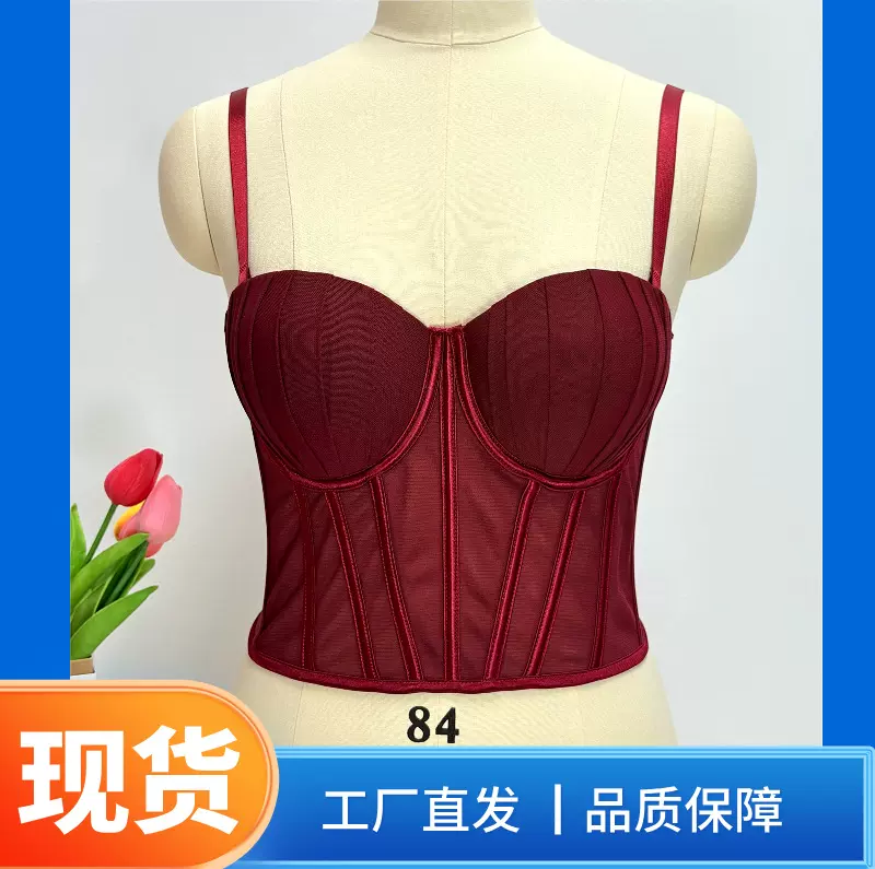 跨境高级感网纱超短款压褶抹胸鱼骨胸衣外穿小吊带背心女鱼骨上衣