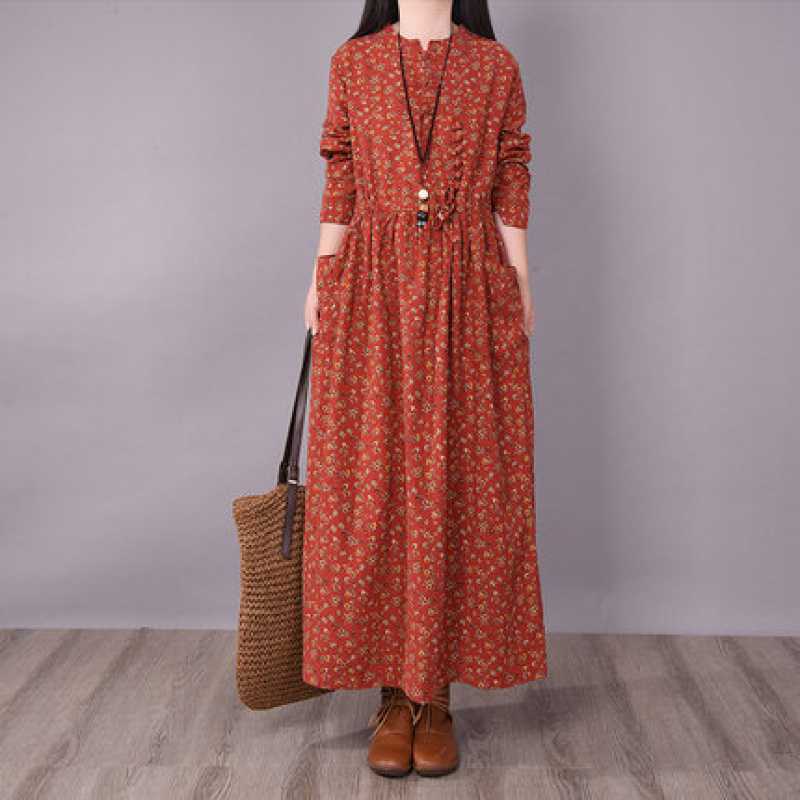 New Autumn Clothing 2021 Literary Retro Button Small Floral Skirt Casual Lace Slim Long Dress