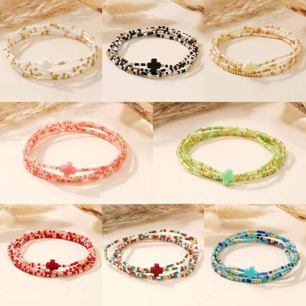 European and American Hot-Selling Stacked Colorful Cross Rice Bead Bracelets Summer Fresh Bohemian Style Women's Jewelry Wholesale