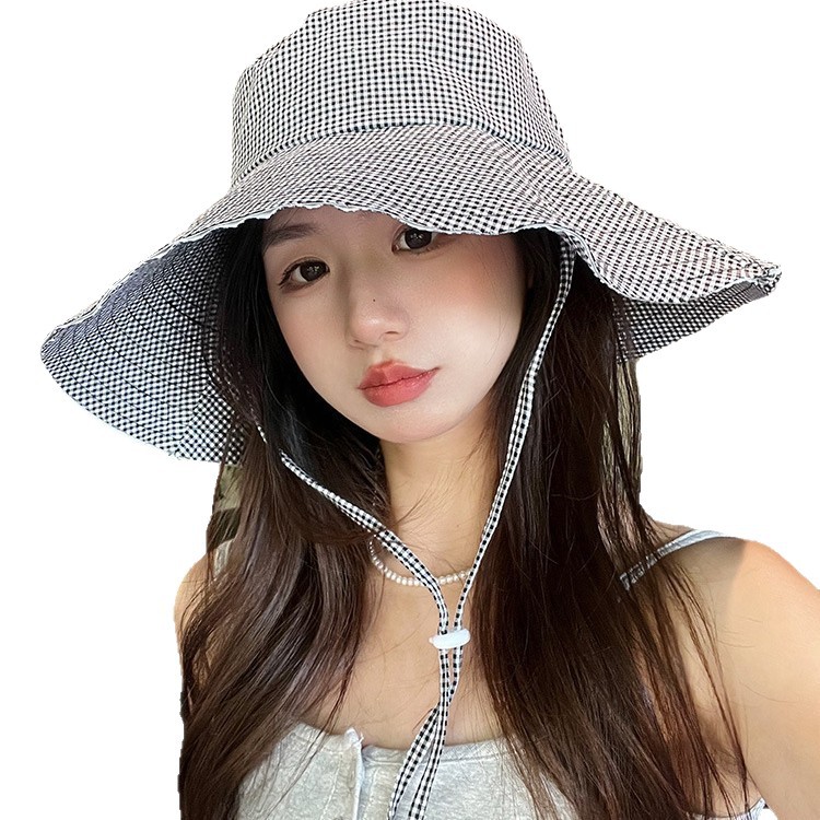 Korean-style Ins Small Checkered Large Brim Sun Protection Fisherman Hat For Women, Spring And Summer Casual Hiking Hat,_voghion.com